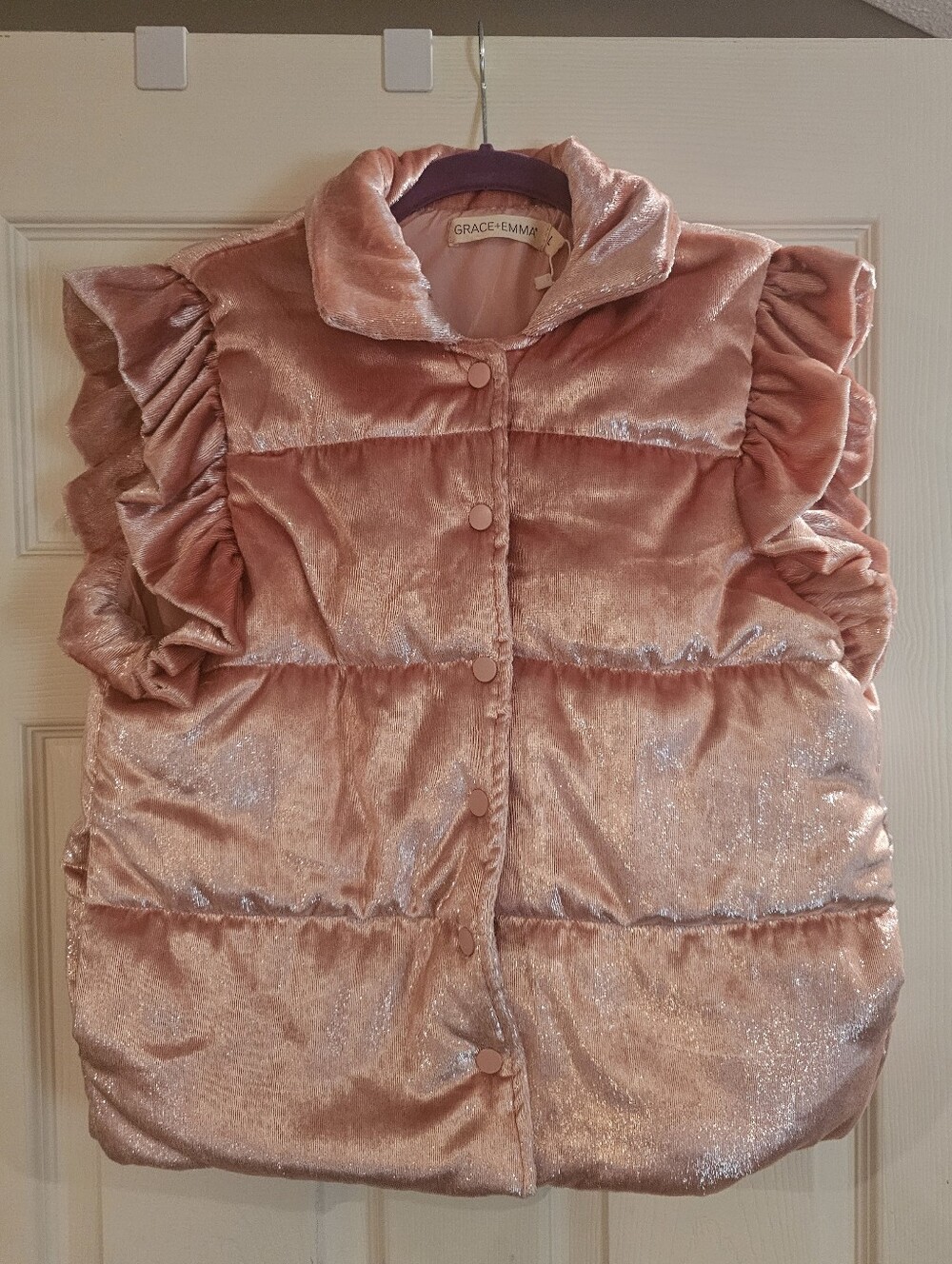 Grace + Emma Pink Velvet Puffer Vest with Ruffle Sleeves